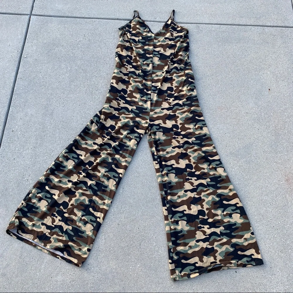 CAMO jumper suit pantsuit jumpsuit green black camouflage POCKETS wide leg pants - Picture 5 of 6